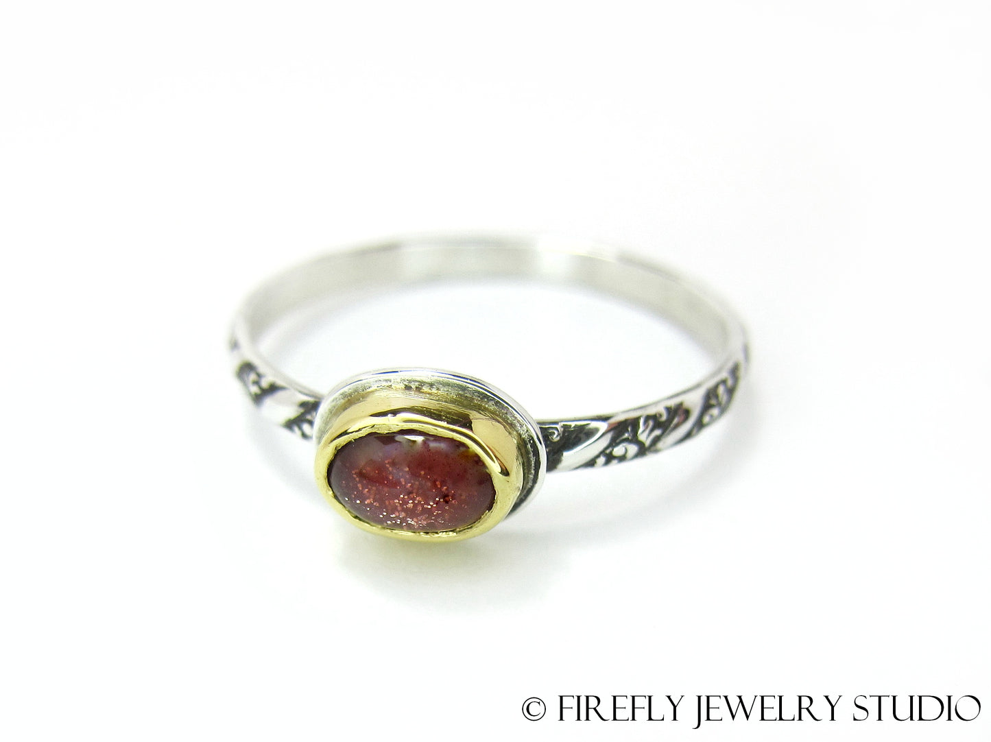 Dainty Sunstone Solitaire Stacking Ring in 24k Gold and Sterling Silver. Size 8.25 - Firefly Jewelry Studio