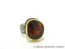 Load image into Gallery viewer, Fire Agate Dragon Skin Ring in 24k Gold and Sterling Silver. Size 6.25 - Firefly Jewelry Studio
