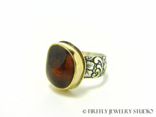 Load image into Gallery viewer, Fire Agate Dragon Skin Ring in 24k Gold and Sterling Silver. Size 6.25 - Firefly Jewelry Studio
