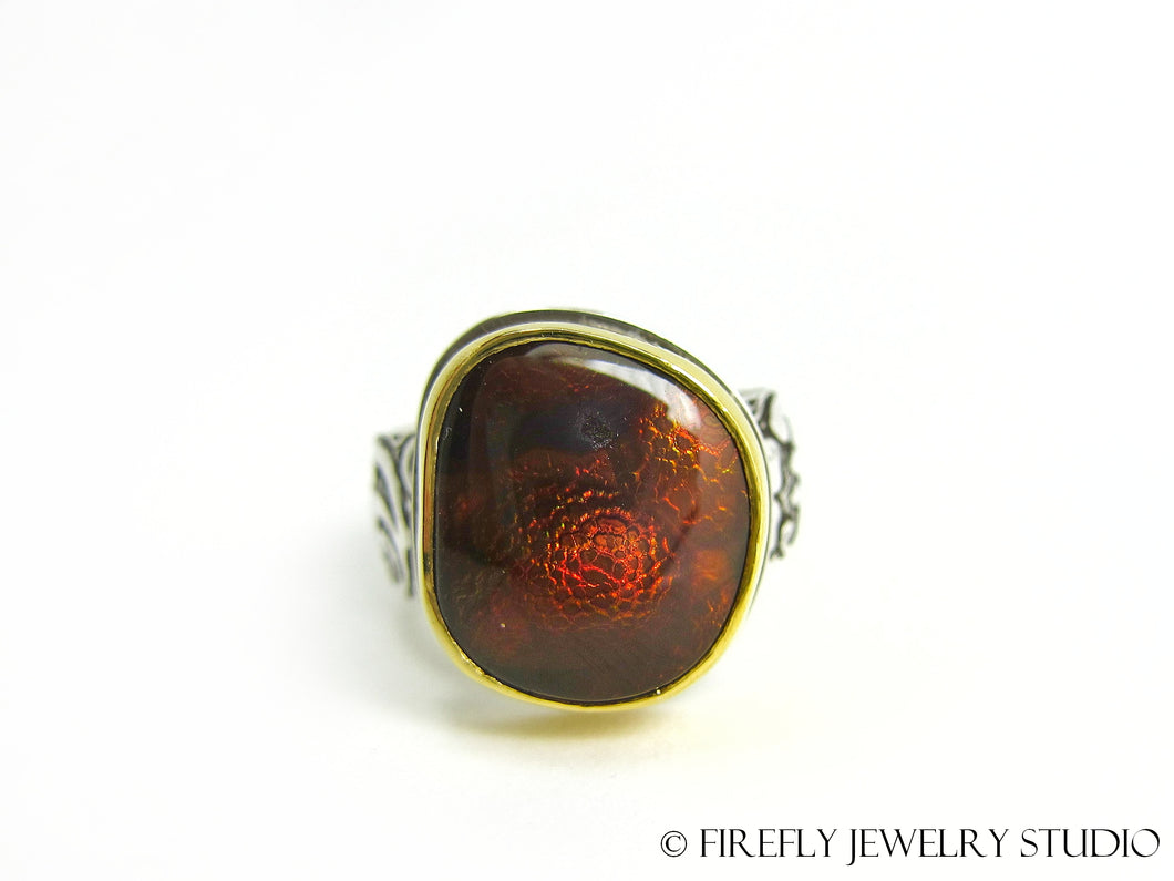 Fire Agate Dragon Skin Ring in 24k Gold and Sterling Silver. Size 6.25 - Firefly Jewelry Studio
