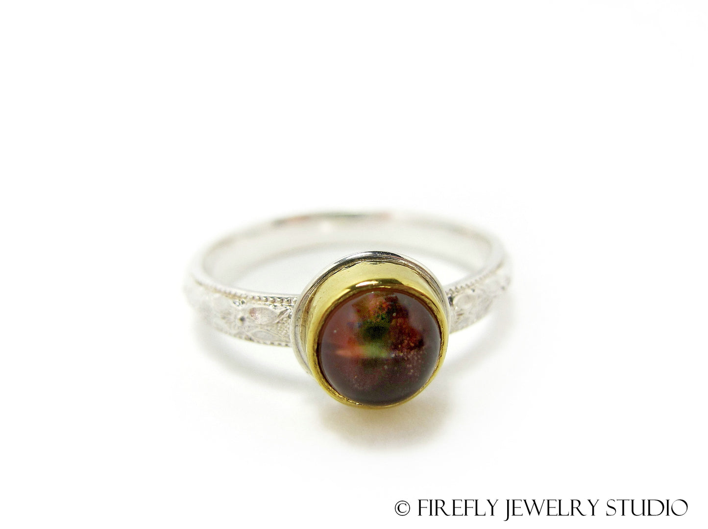 Sunstone Blood Moon Ring in 24k Gold and Sterling. Size 7 - Firefly Jewelry Studio