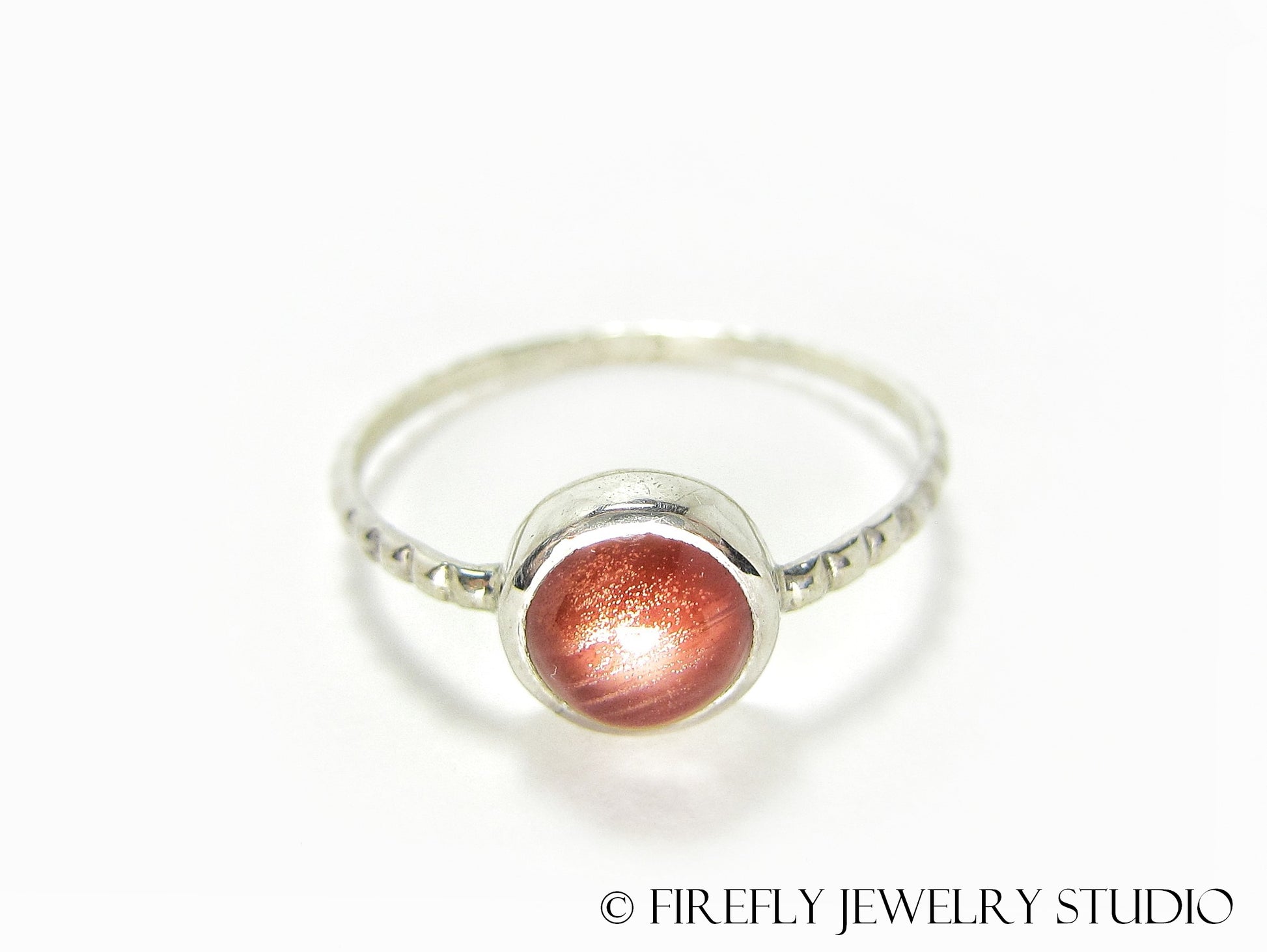 Strawberry Sunstone Solitaire Stacking Ring. Size 8 - Firefly Jewelry Studio