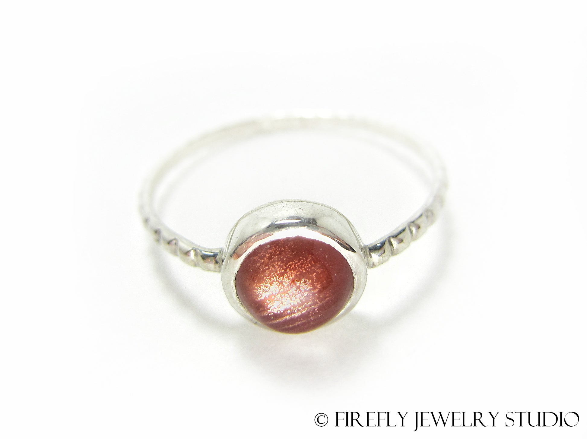 Strawberry Sunstone Solitaire Stacking Ring. Size 8 - Firefly Jewelry Studio